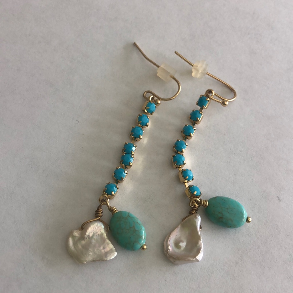 Turquoise Fresh Water Pearl Linear Earrings-Boutique 24$